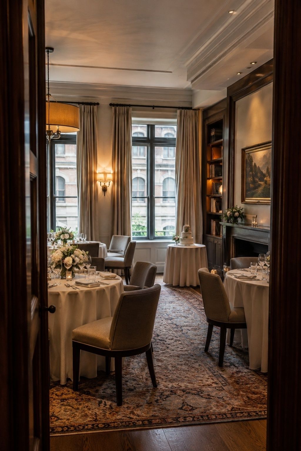 Boutique hotel salon with round tables in white cloths, gray upholstered chairs, a patterned rug, tall windows and a fireplace