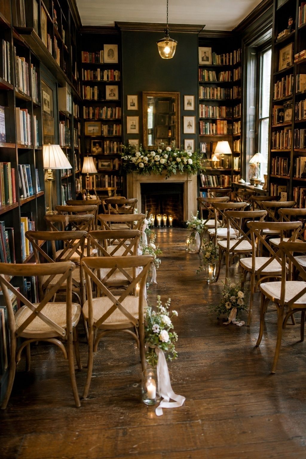 Library wedding ceremony with wooden cross-back chairs in rows, floor-to-ceiling bookshelves, a fireplace with a white floral garland and reading lamps