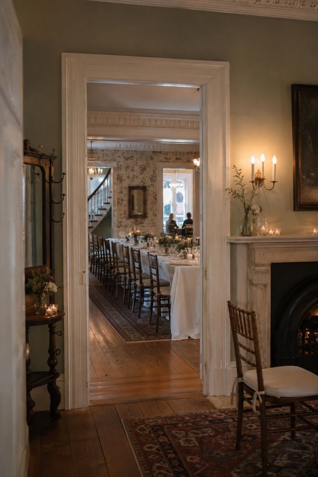 Historic home parlor with a fireplace and candelabra opening into a dining room with a long set wedding table and a staircase beyond