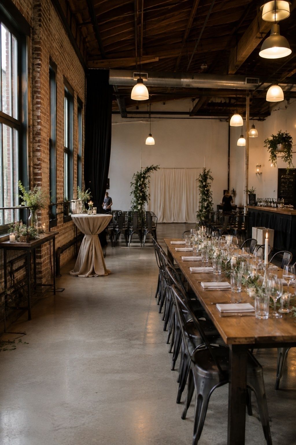 Industrial loft wedding with exposed brick, tall factory windows, pendant lights, a long wooden table with black metal chairs and a draped cocktail table