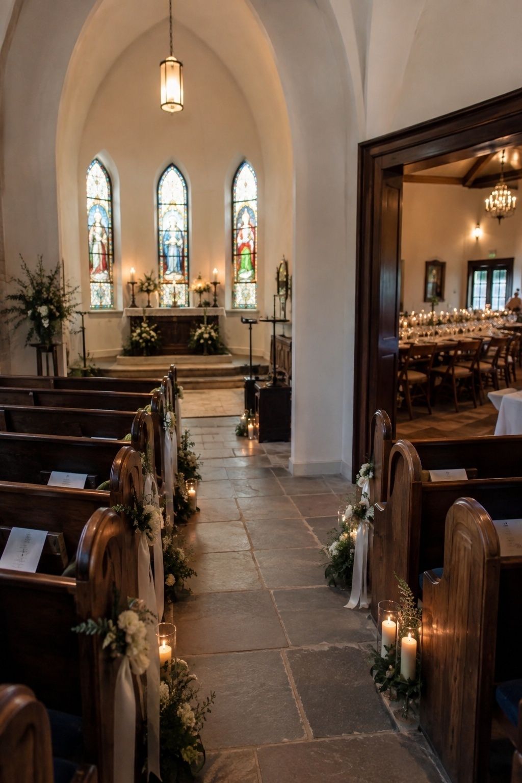 Whitewashed chapel with arched stained glass windows, wooden pews with flowers and candles along the aisle and a doorway opening to a set reception room