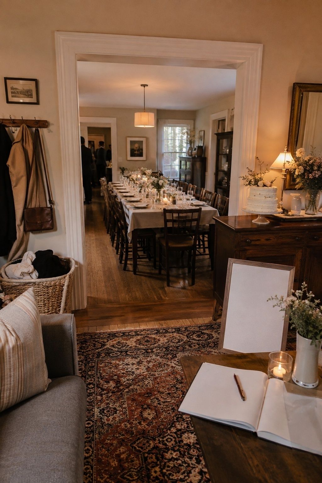 Living room with a patterned rug, sofa and guest book table with fresh flowers opening into a dining room with a long set table and pendant light