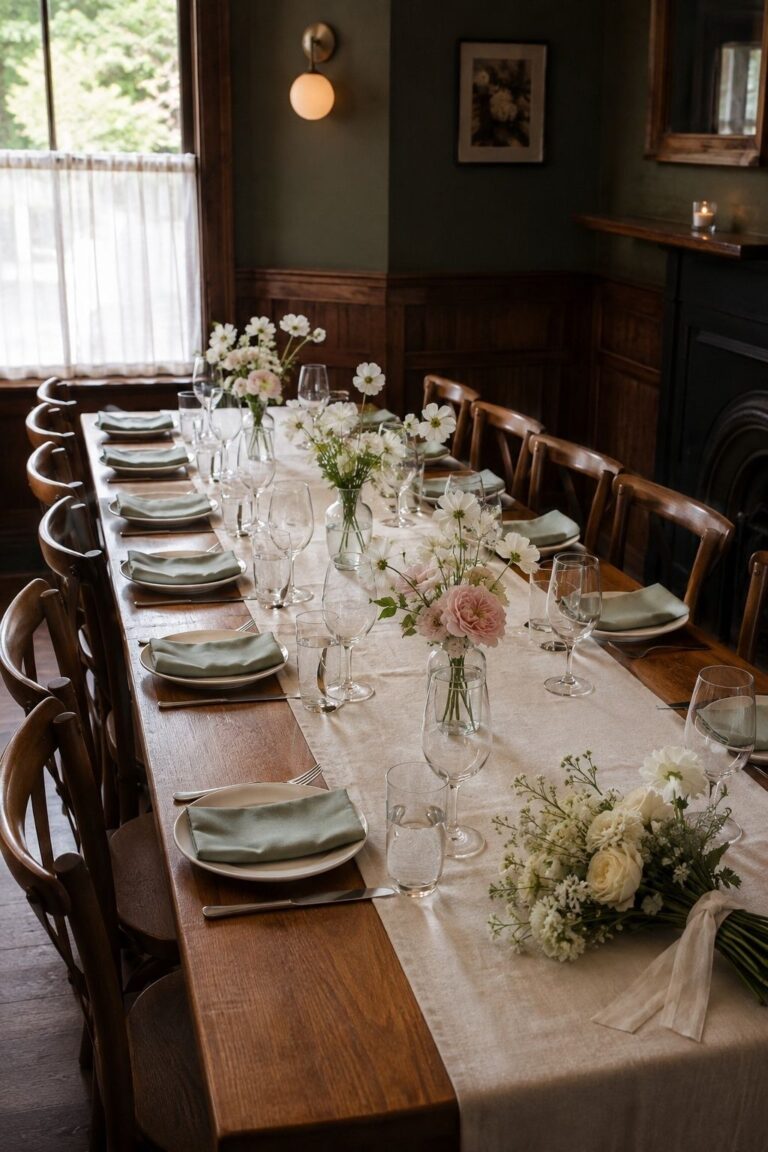Long restaurant table with sage napkins, bud vases and a bridal bouquet for a small wedding dinner