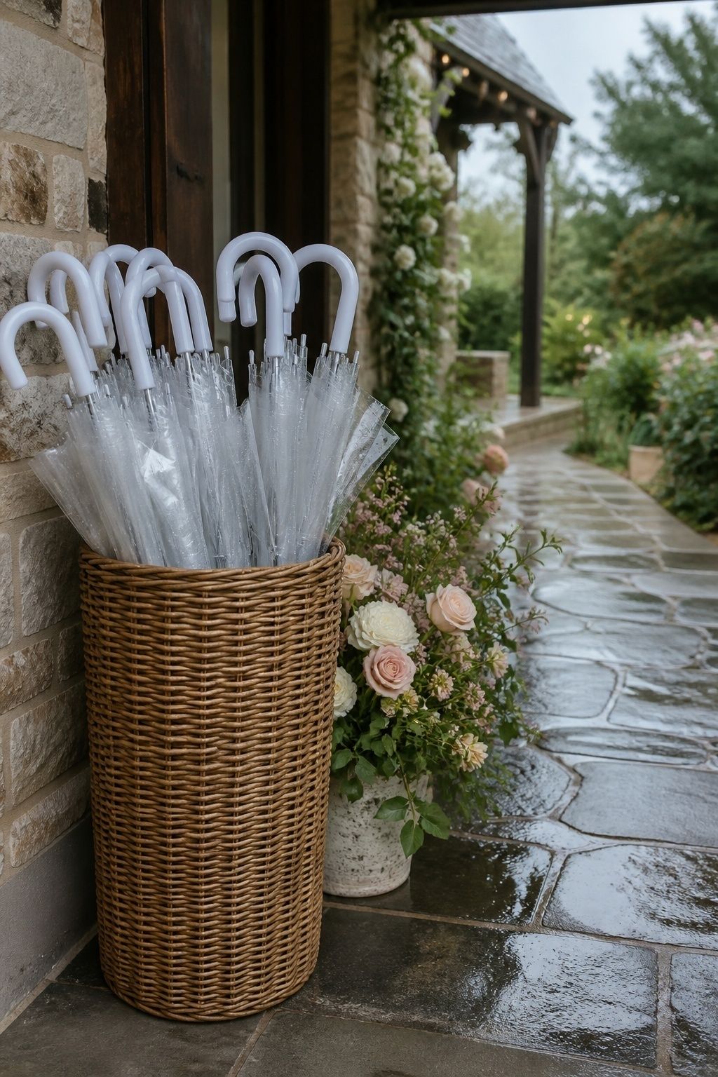 Clear umbrellas ready for guests