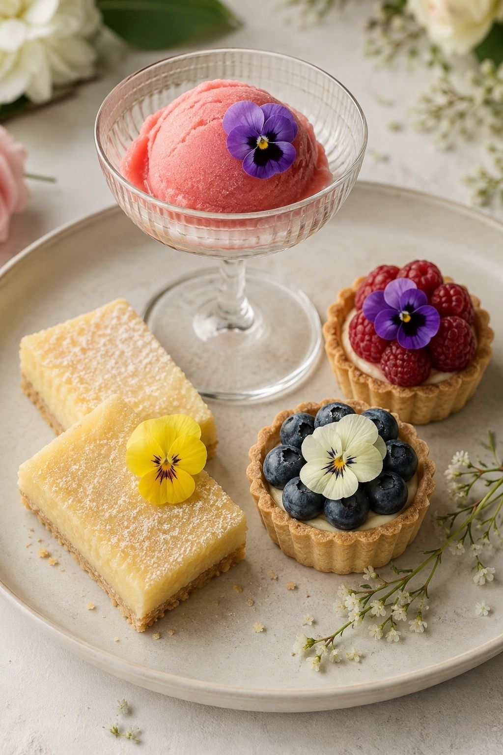 Drinks and desserts garnished with edible flowers