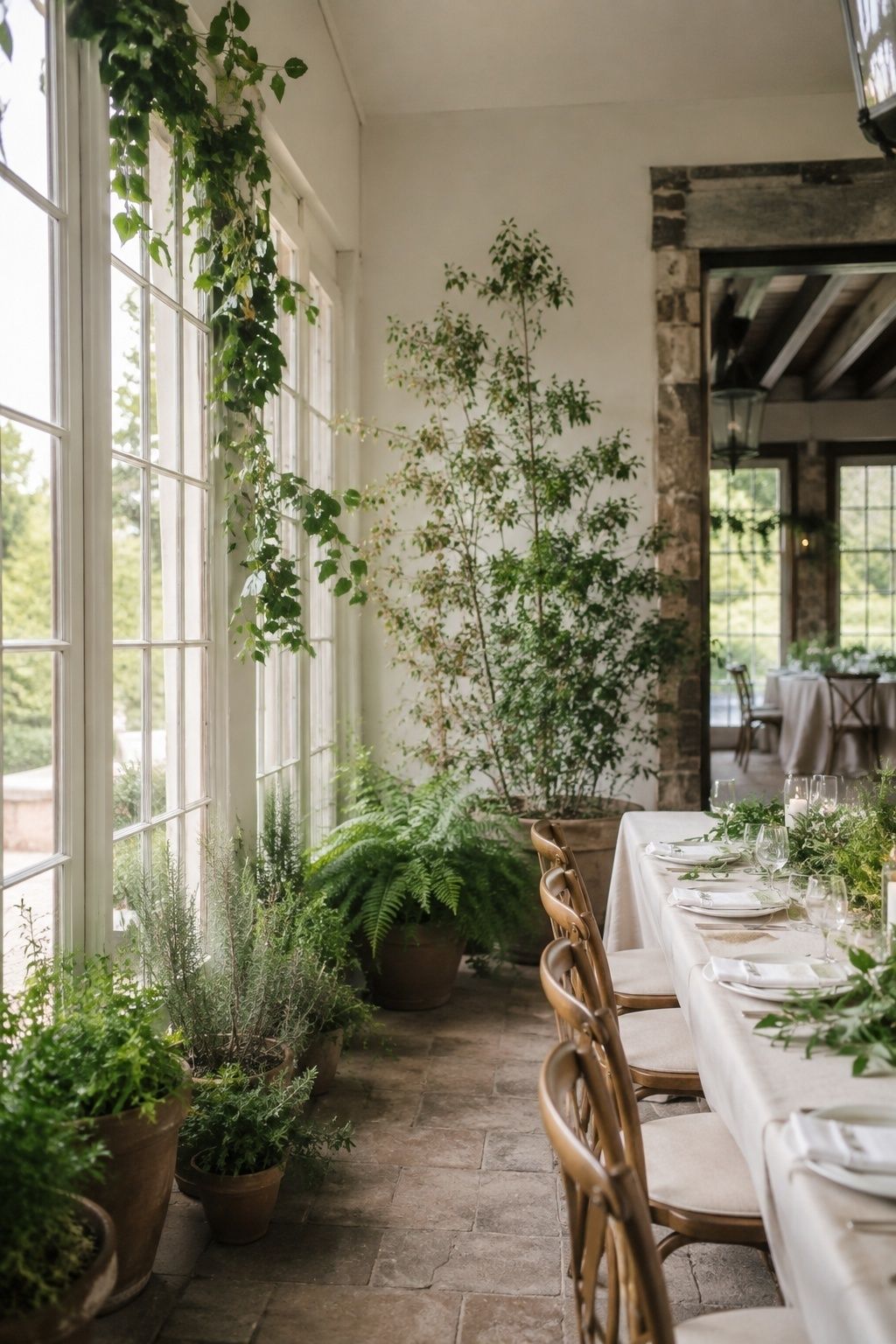 Fresh greenery used instead of heavy decor