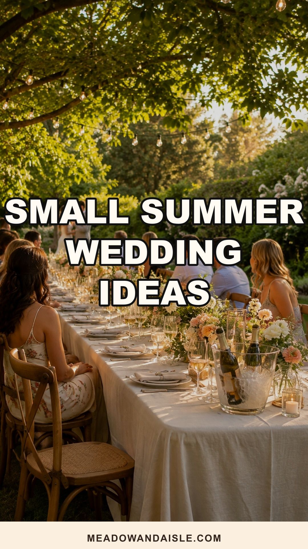 Small summer wedding ideas Pinterest pin with an intimate garden reception background