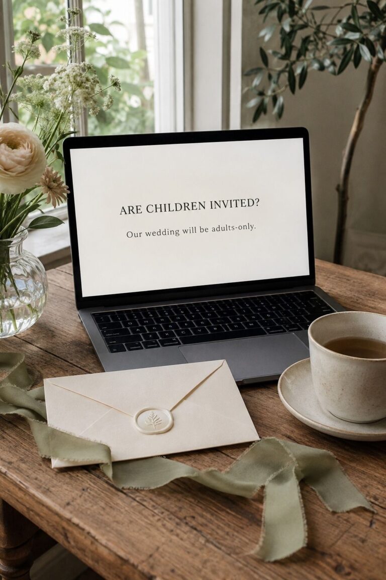 Wedding website FAQ stating that the wedding will be adults-only