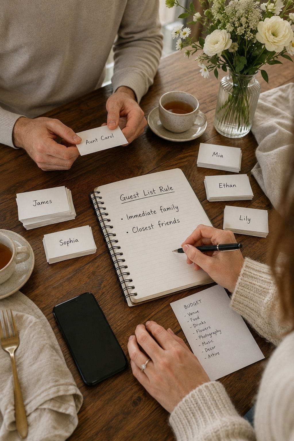 Couple deciding what kind of small wedding to host