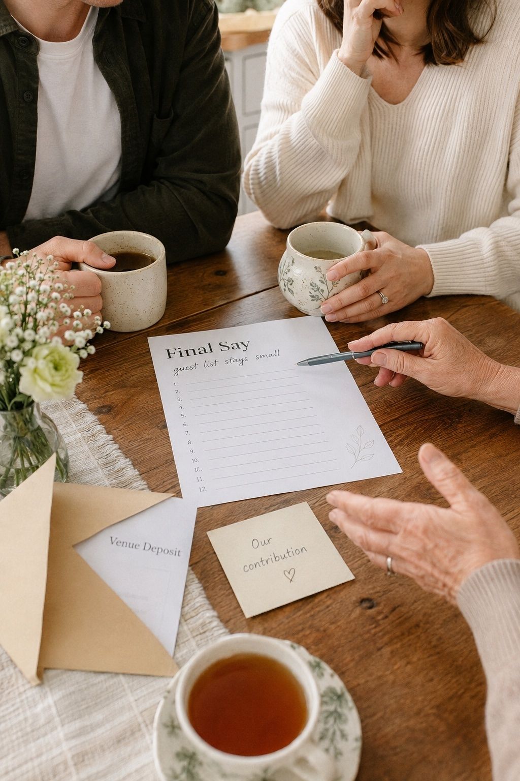 Couple talking through family expectations for a small wedding