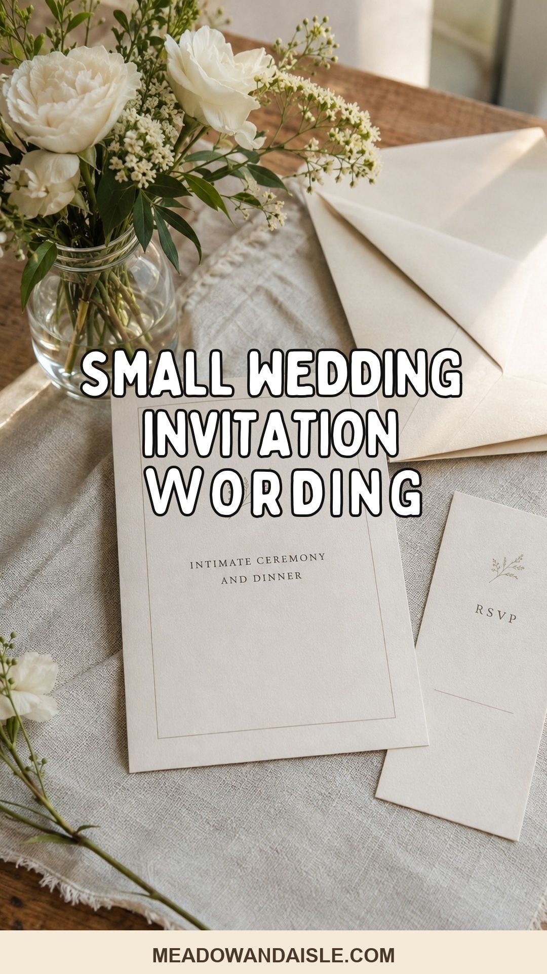 Small wedding invitation wording Pinterest pin with cream wedding stationery
