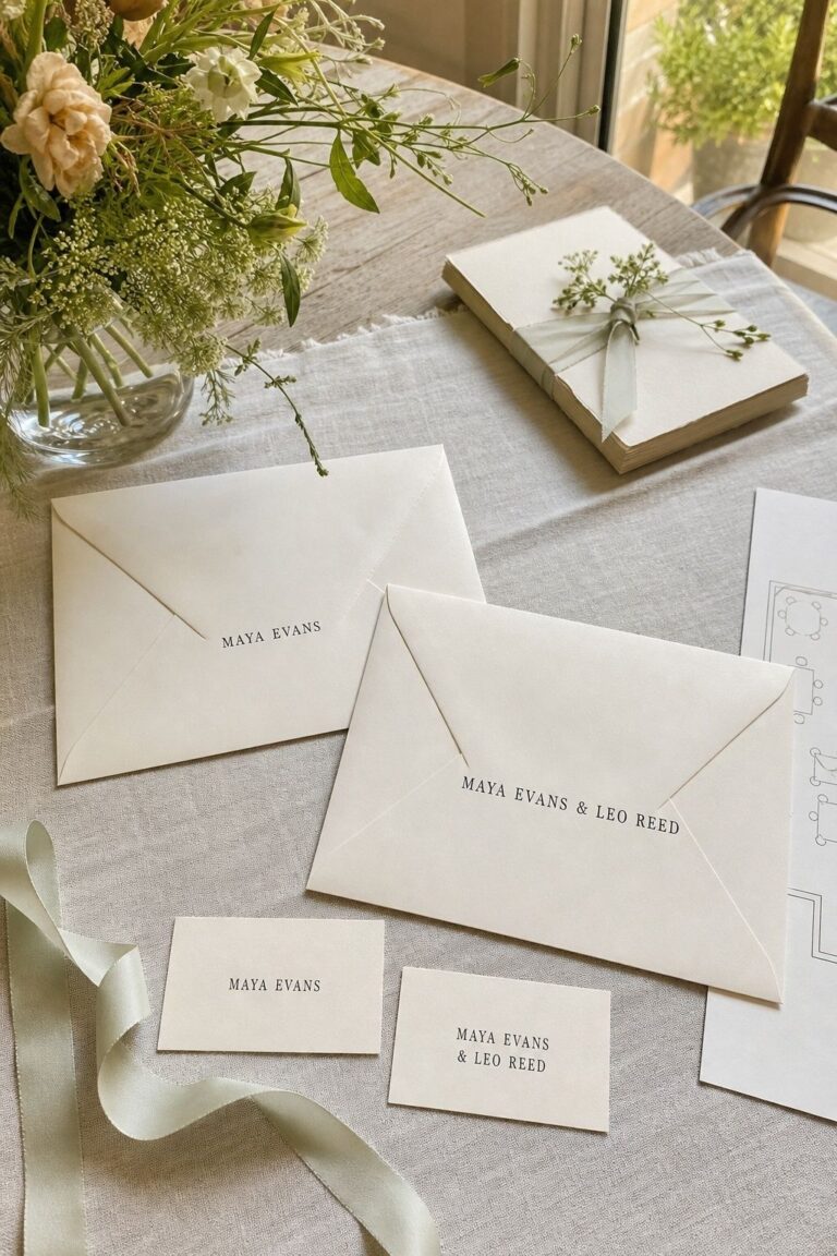 Named wedding invitation envelopes for Maya Evans and Maya Evans with Leo Reed