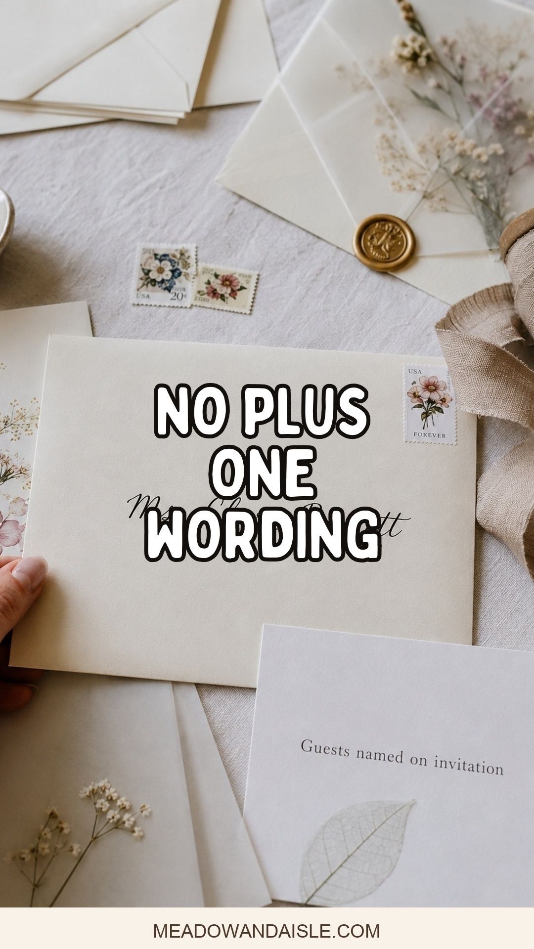 No plus one wording Pinterest pin with addressed wedding invitation background
