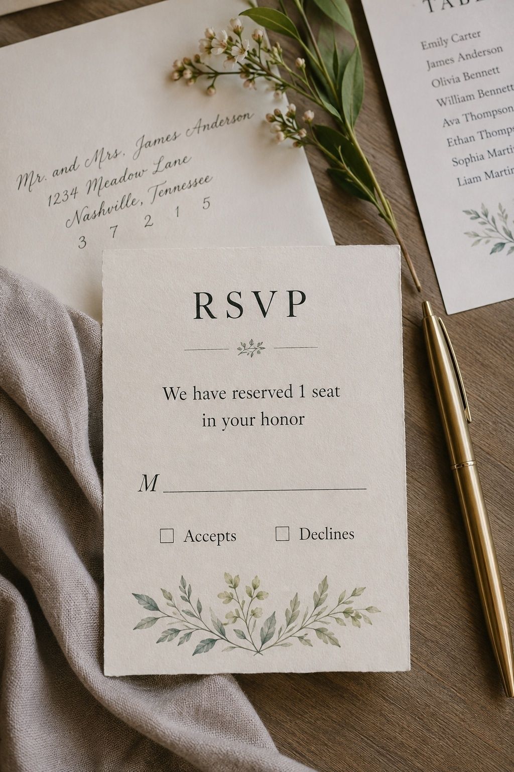 RSVP card confirming the number of reserved seats
