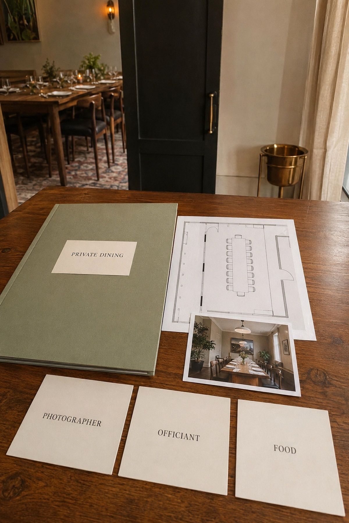 Private dining contract, floor plan, and core vendor cards for a small wedding