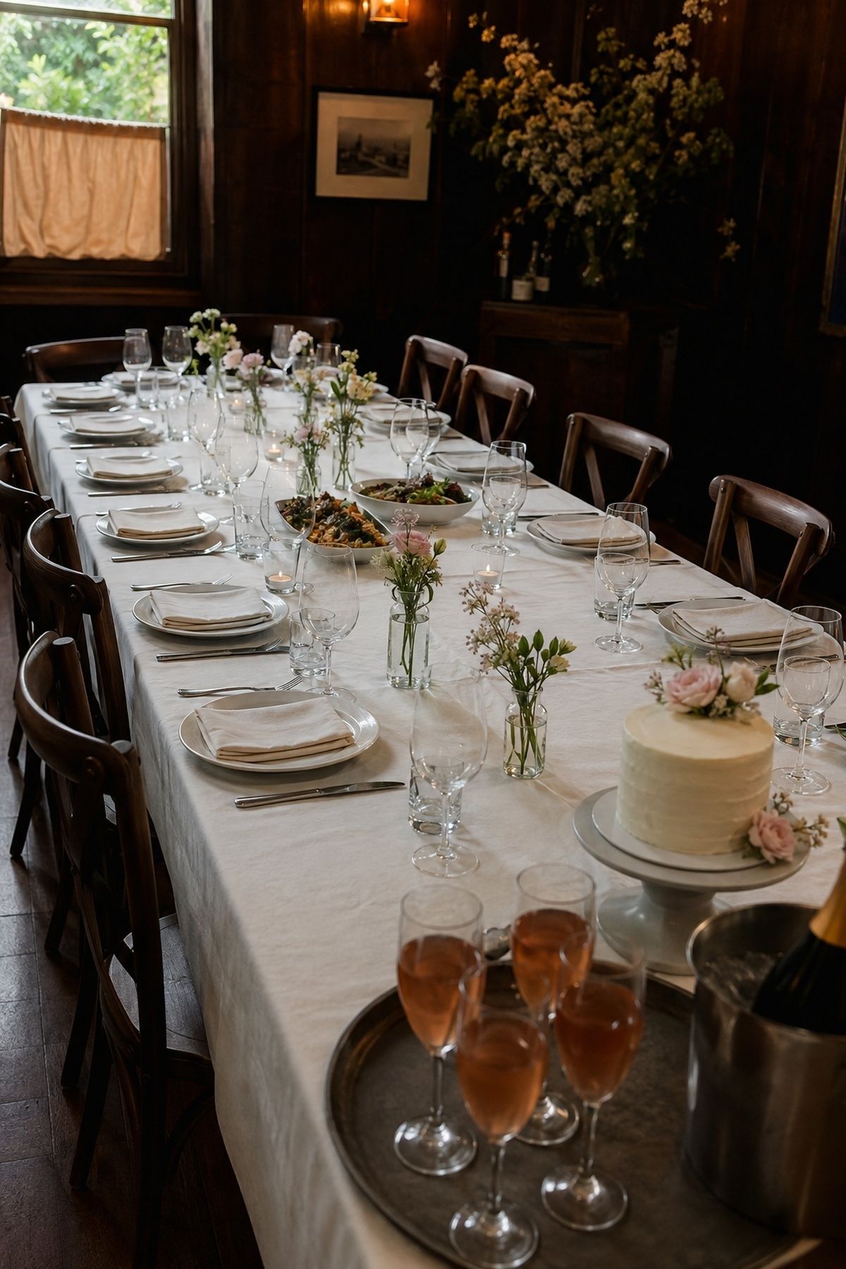 Family-style private dining table with arrival drinks and a small wedding cake