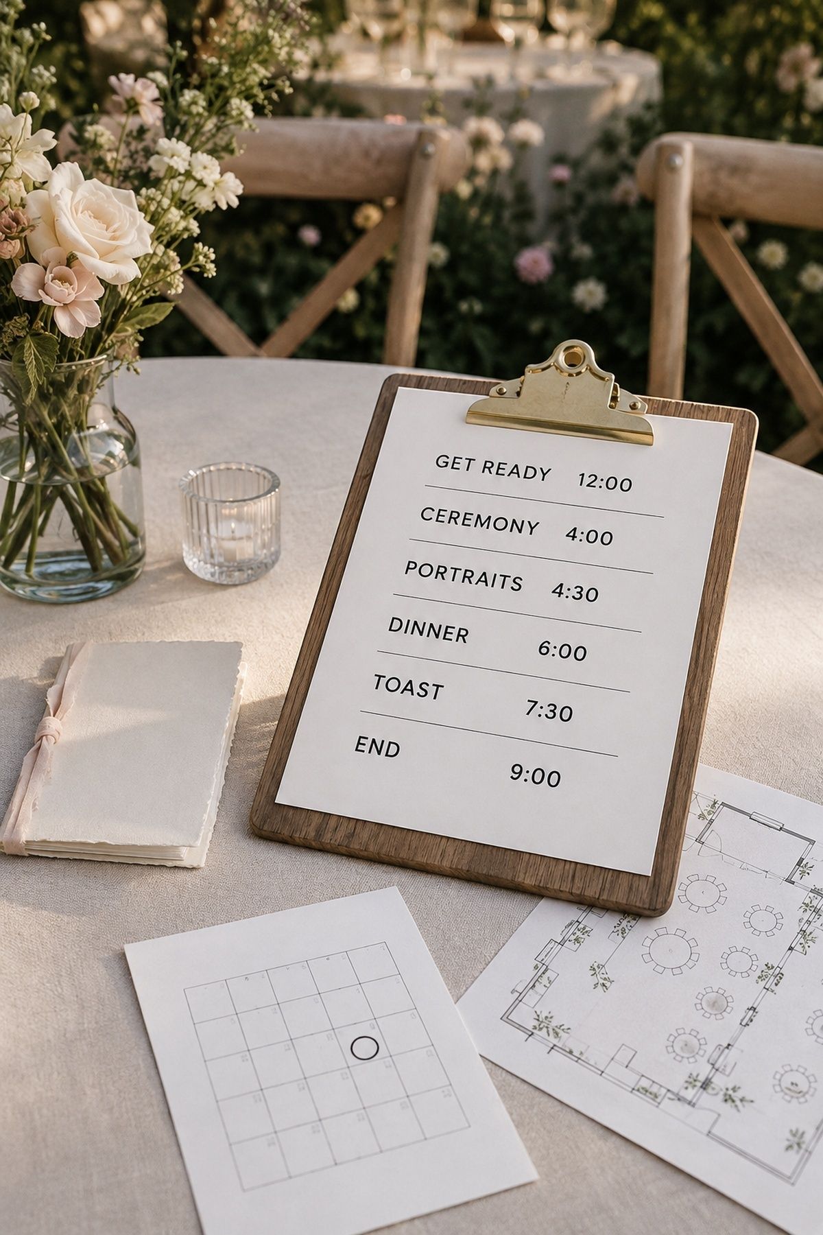 Readable small wedding day timeline on a coordinator clipboard at a garden venue