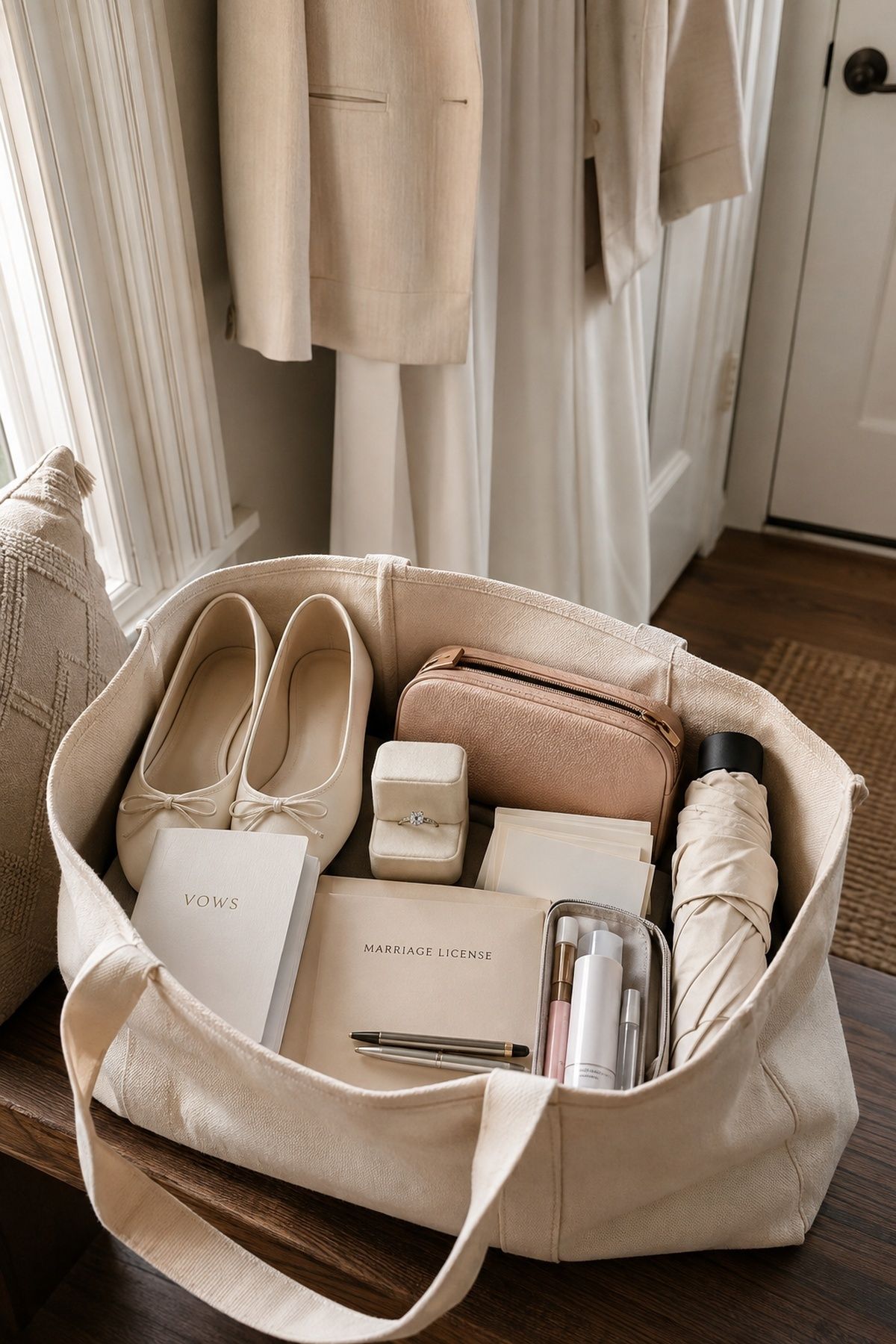 Organized wedding week tote with vows, license, rings, shoes, and emergency items