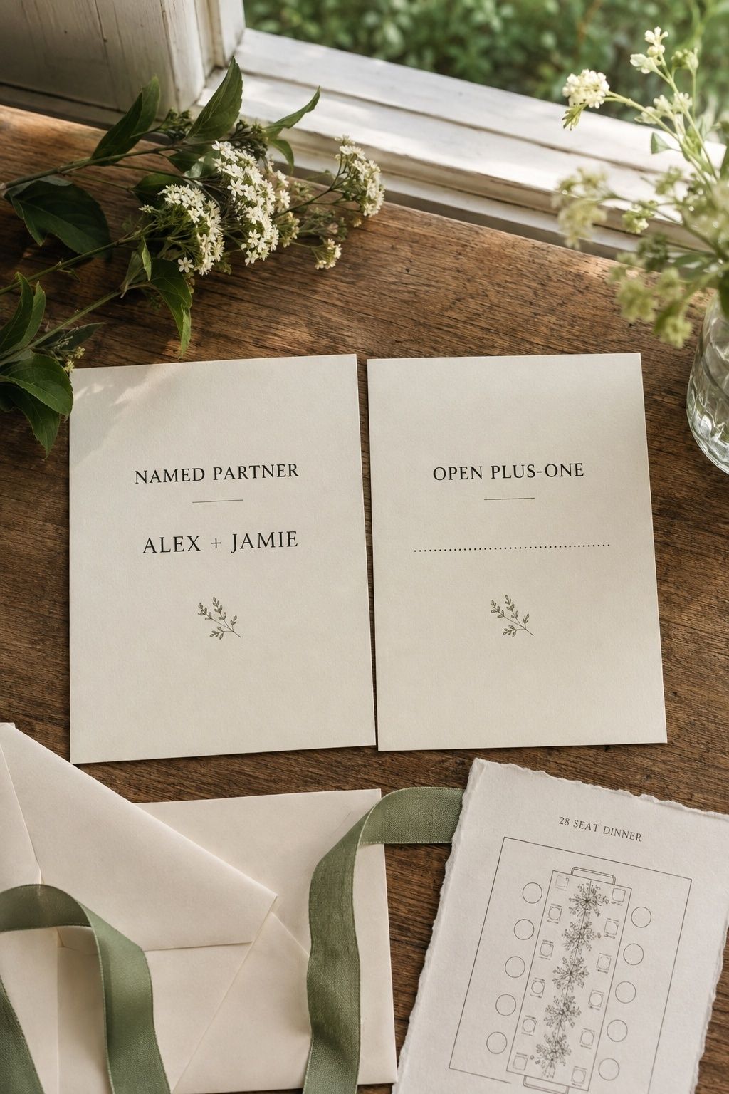 Named partner and open plus-one wedding guest cards beside a small dinner seating plan
