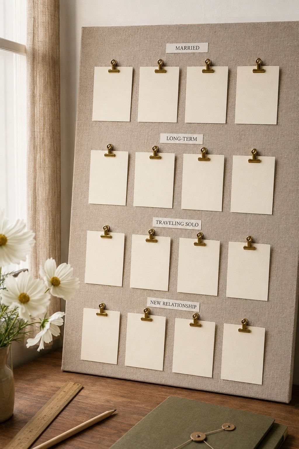 Wedding guest-list cards organized by married long-term solo traveler and new relationship categories