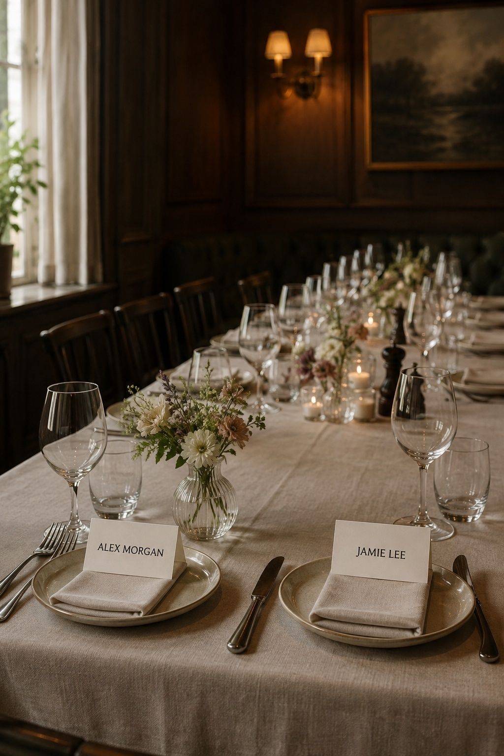 Adjacent wedding place settings for Alex Morgan and Jamie Lee at an intimate dinner