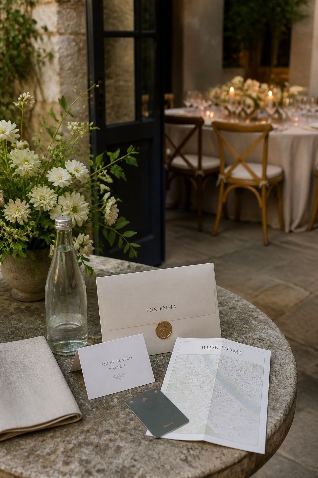 Personalized wedding welcome packet with ride-home map and seating note for a solo traveler