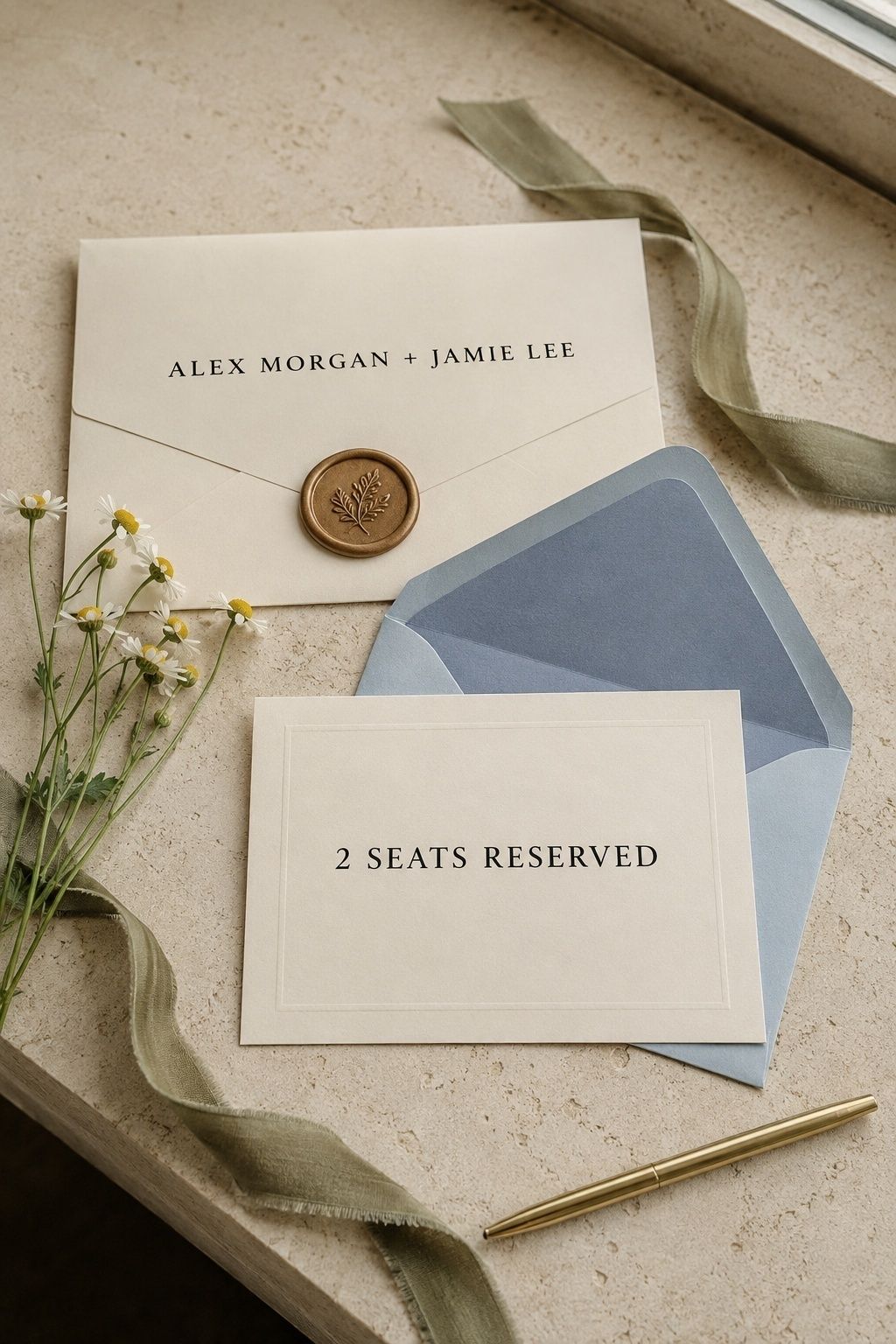 Wedding envelope for Alex Morgan and Jamie Lee with an RSVP card showing two seats reserved
