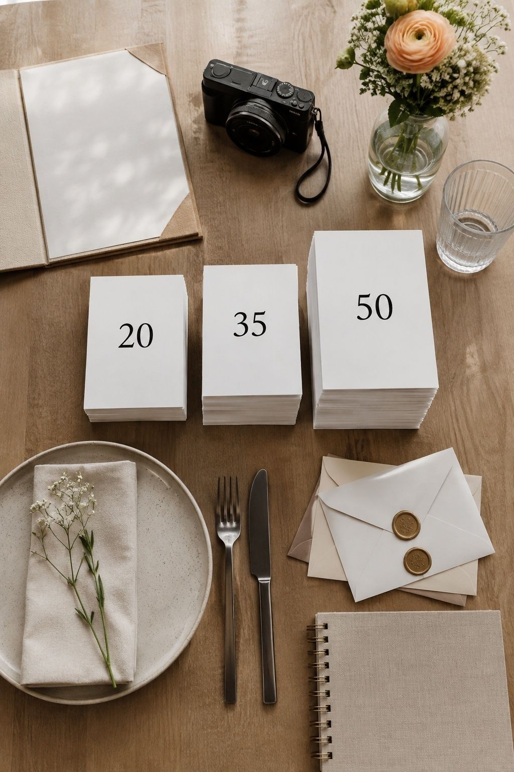 Wedding budget planning table comparing guest lists of 20, 35, and 50