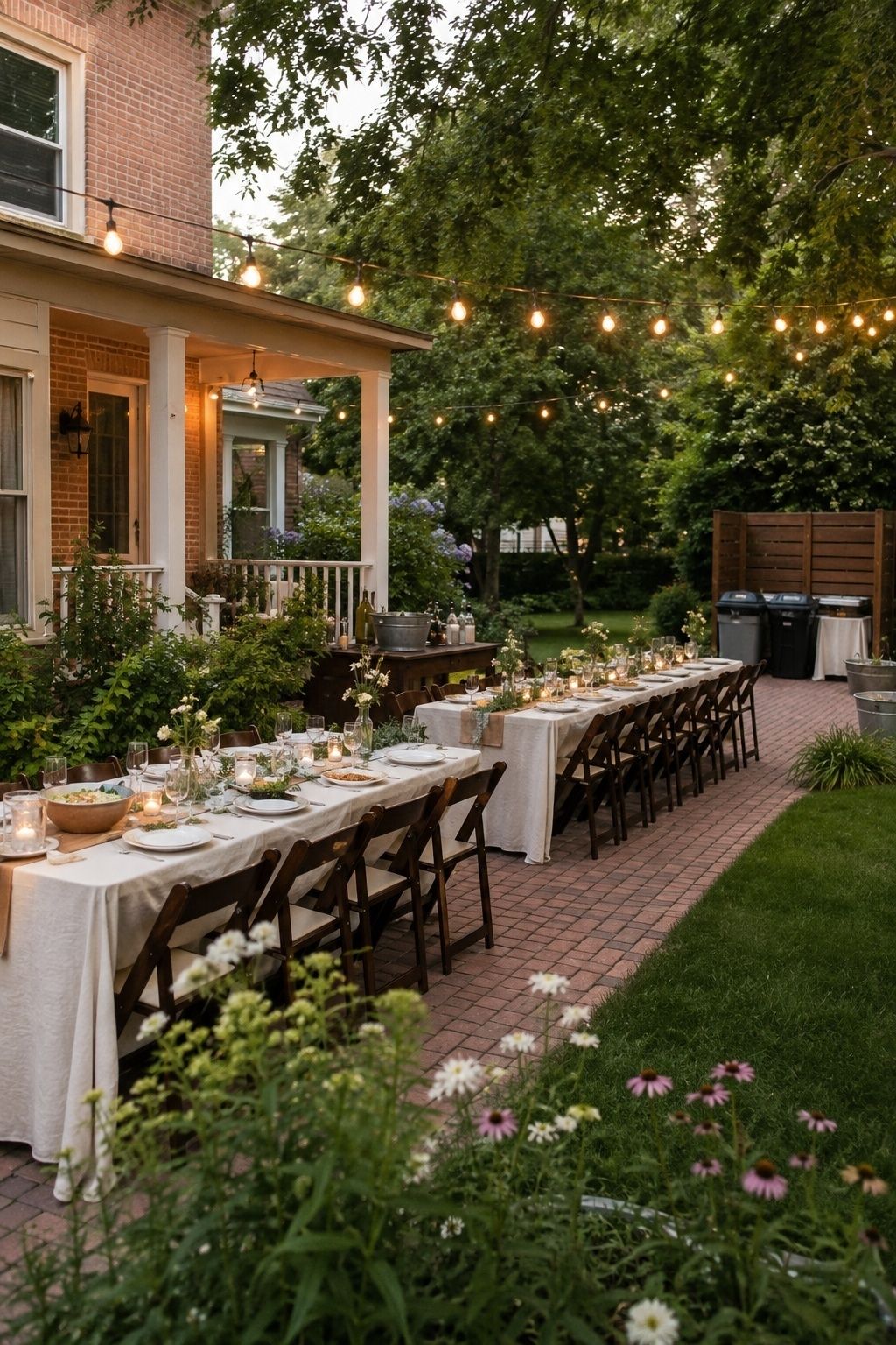 Host-ready backyard garden wedding reception with two family-style tables