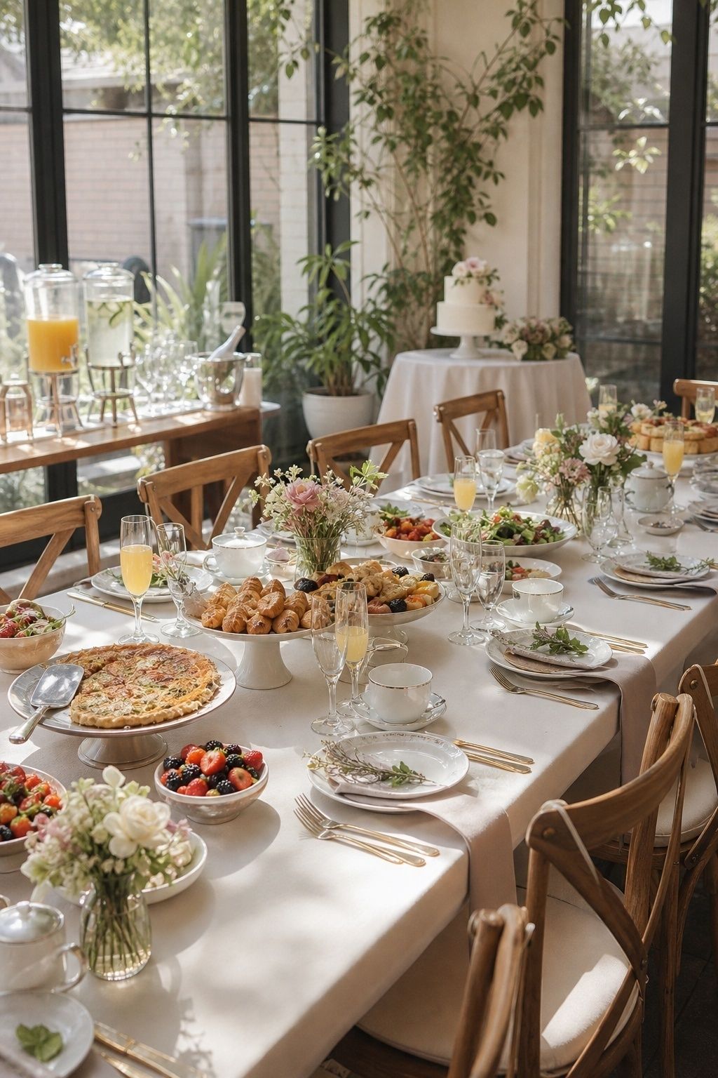 Sunlit intimate brunch wedding with pastries, quiche, fruit, and coffee