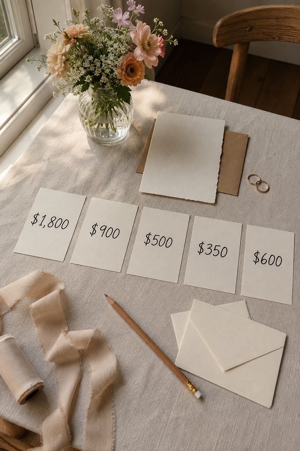 Wedding budget amount cards showing what a $5,000 small wedding can cover