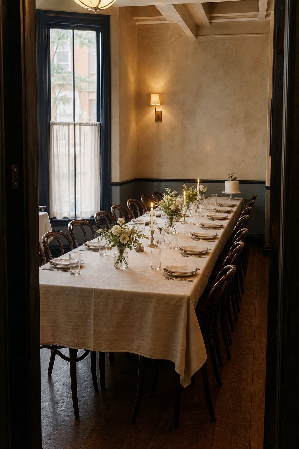 Private restaurant dining room set for an intimate wedding meal