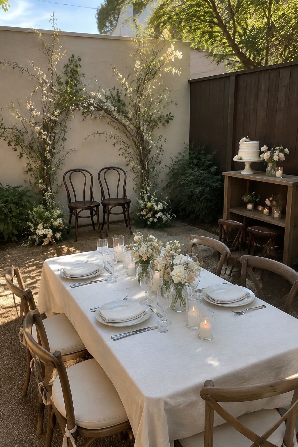 Tiny wedding decor plan with ceremony focal point, dinner table, and cake shelf