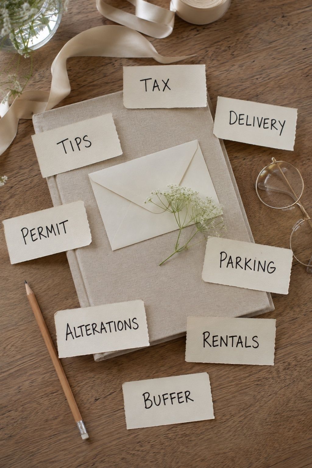 Handwritten reminder cards for hidden small wedding costs and budget buffer
