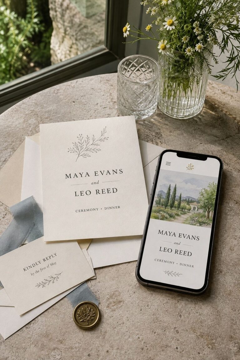 Matching small wedding invitation and website details for Maya Evans and Leo Reed