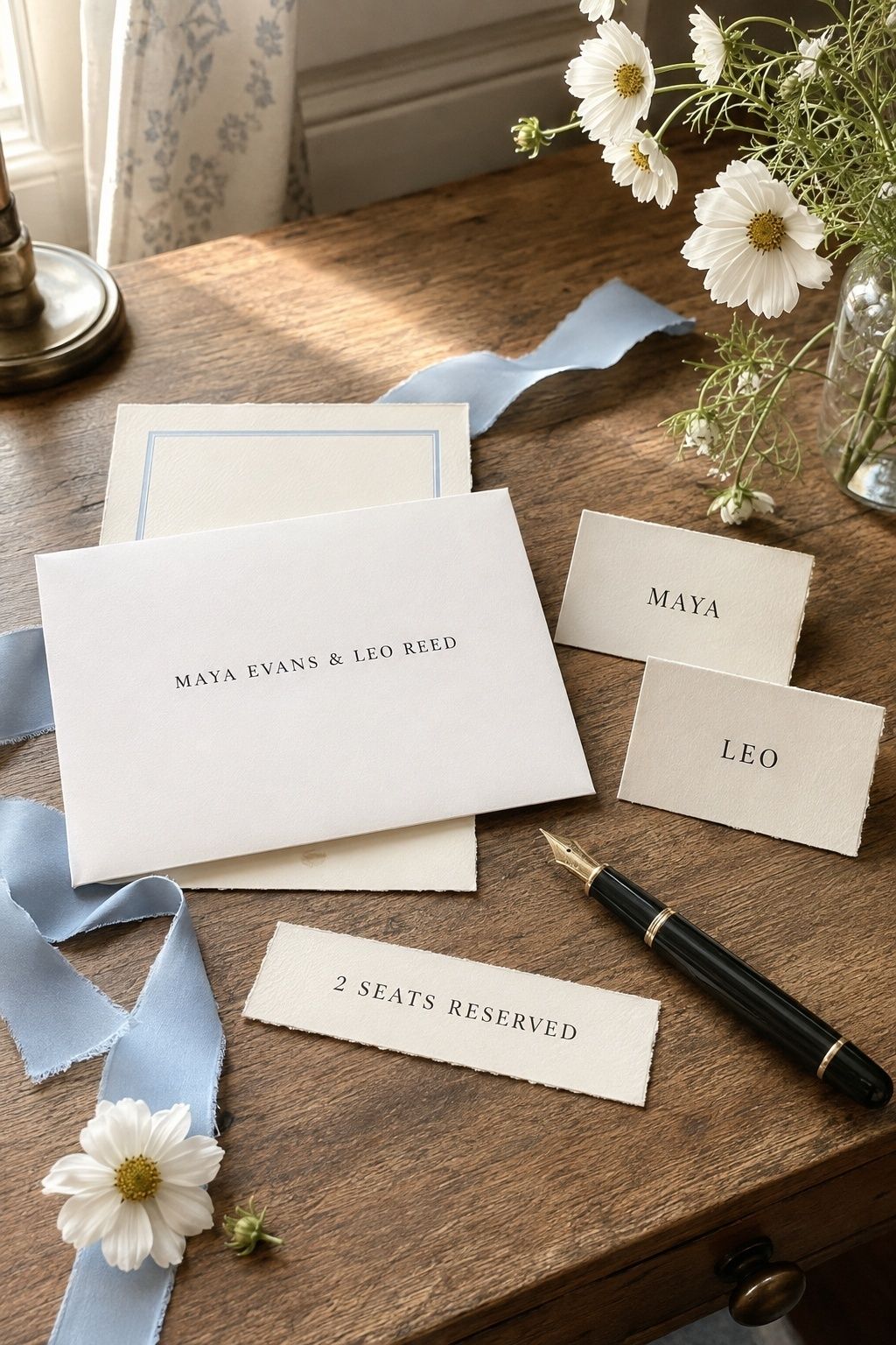 Named guest wedding invitation with two reserved seats for Maya and Leo
