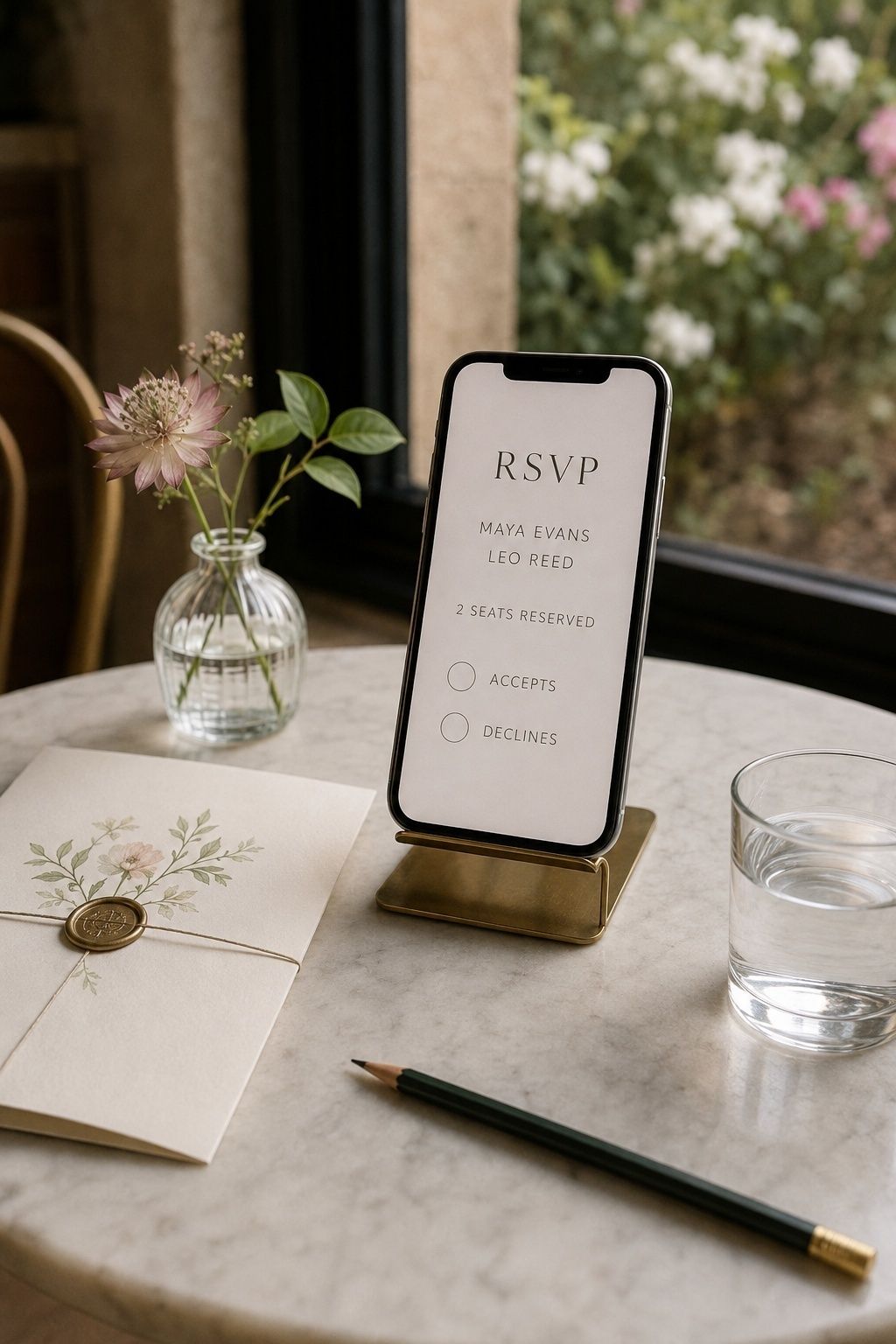 Wedding RSVP page with two named guests and two reserved seats