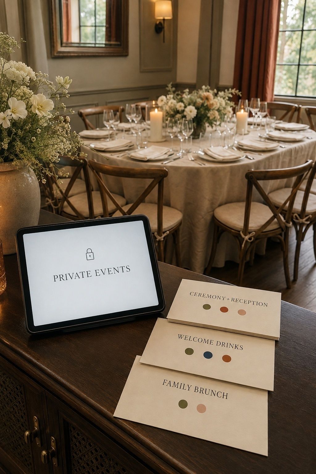 Private wedding events page with separate ceremony drinks and brunch access cards
