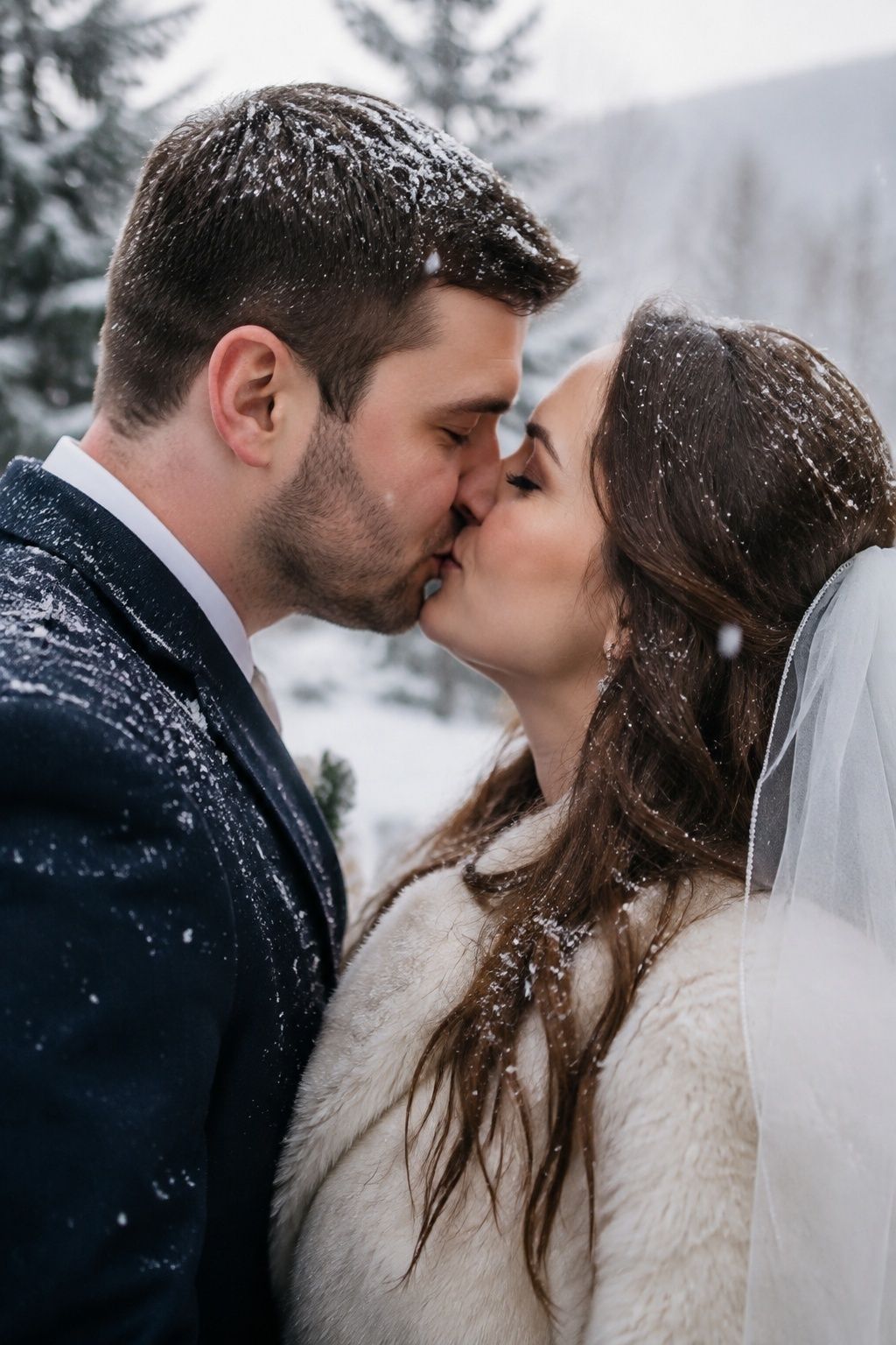 Close up newlywed kiss with snowflakes visible on hair and veil
