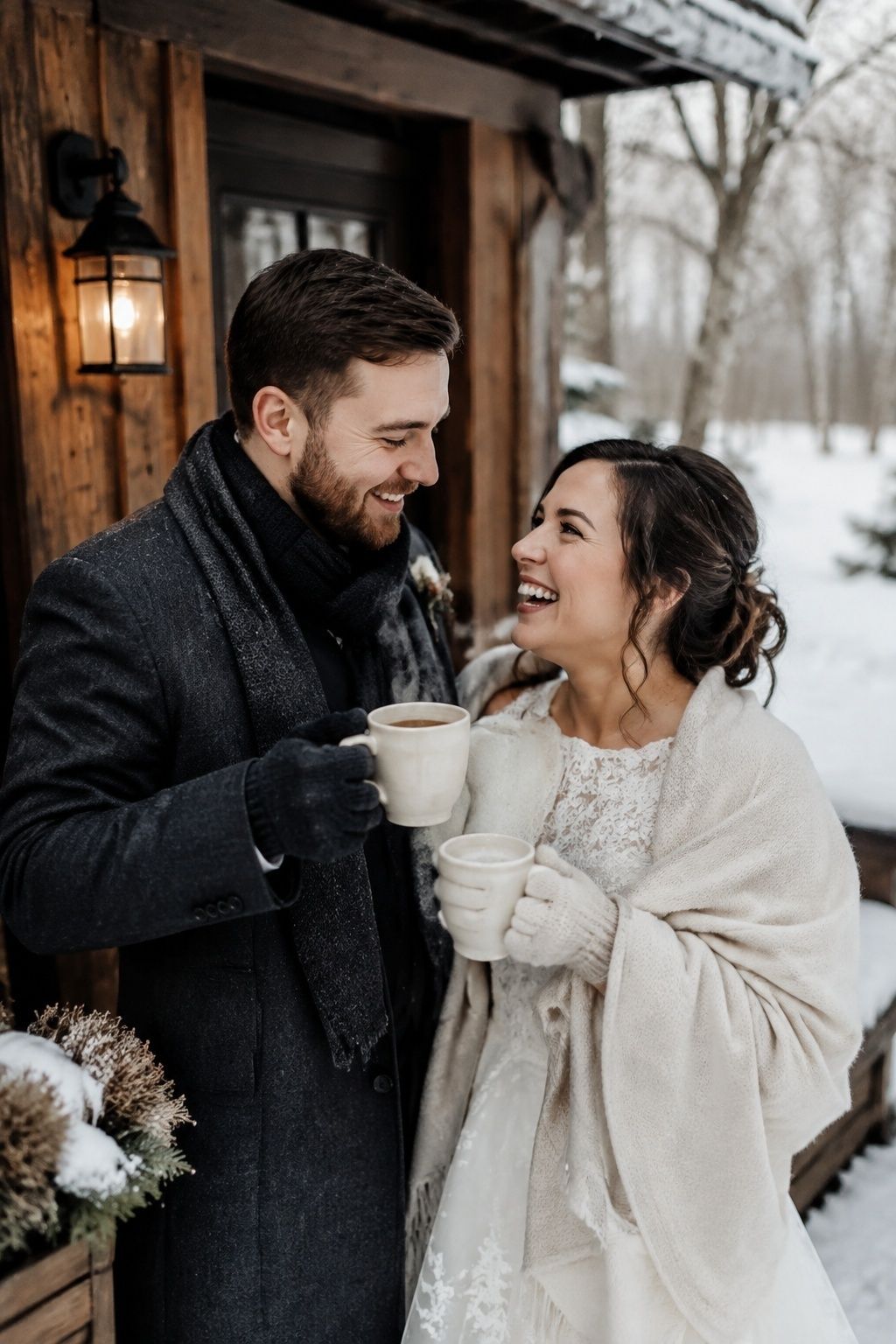 Newlyweds toasting with steaming hot cocoa outdoors in winter
