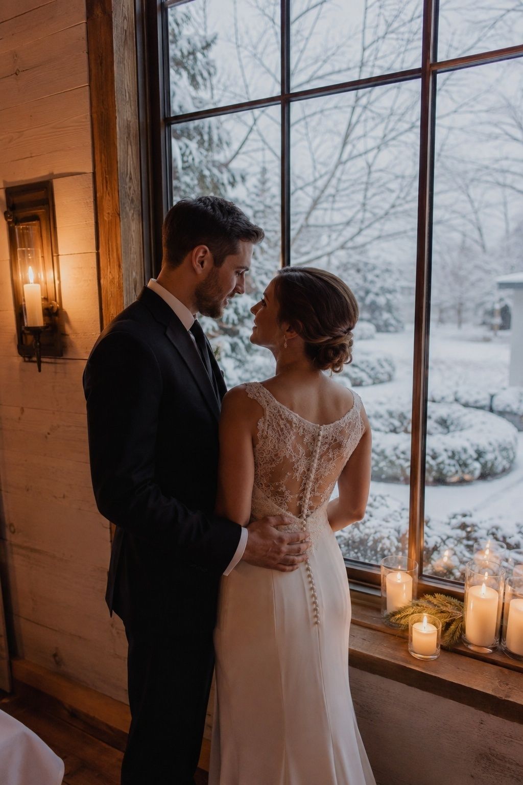 Newlywed couple by a candlelit window with snow visible outside