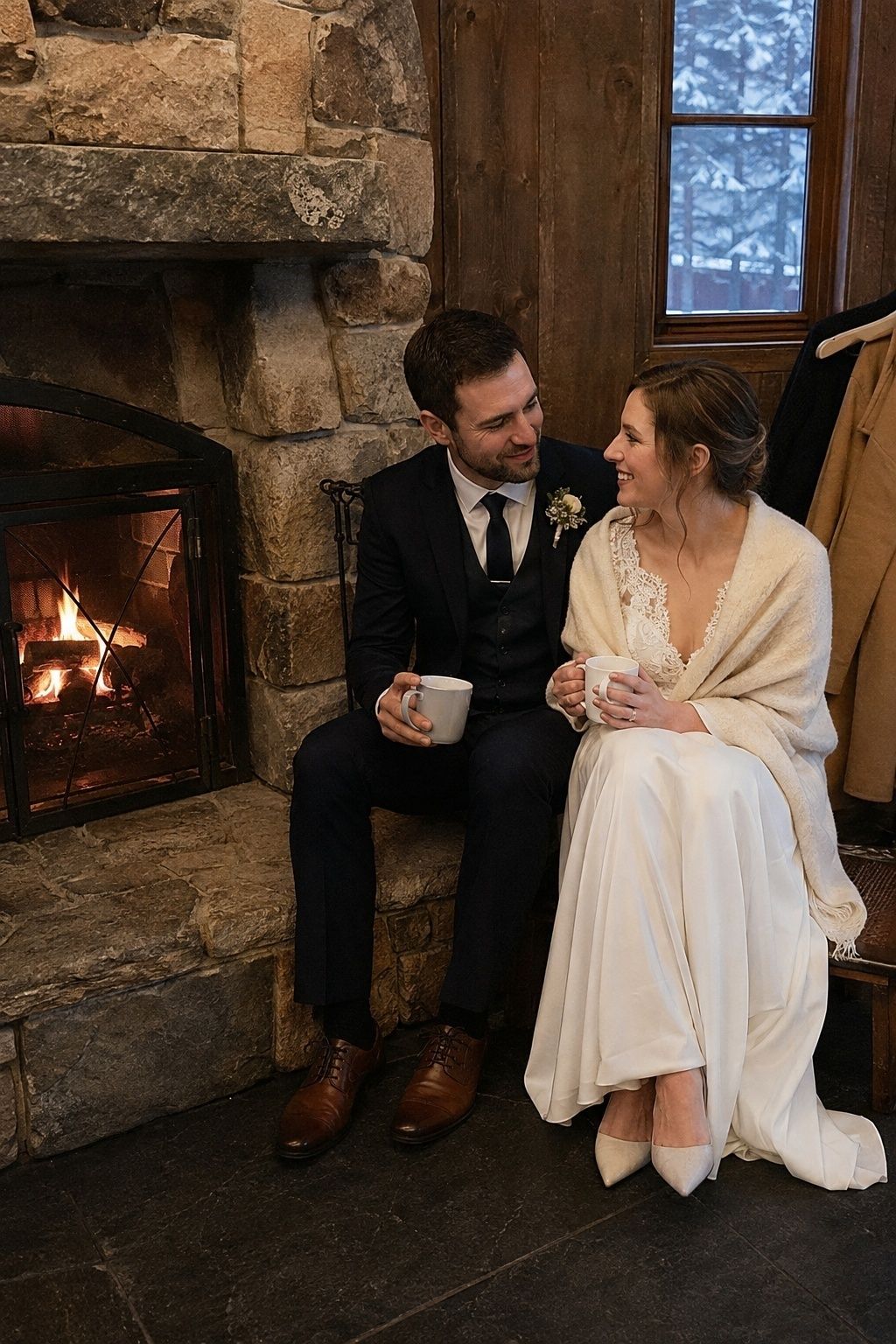 Newlyweds sharing a quiet drink beside a stone fireplace