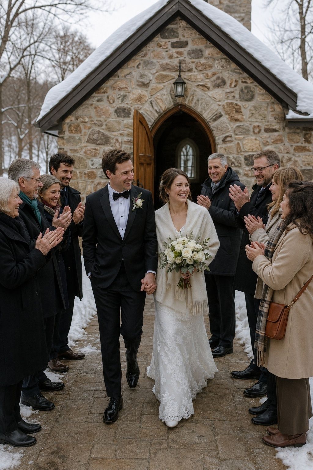 Newlyweds leaving a snowy chapel through a close group of applauding guests