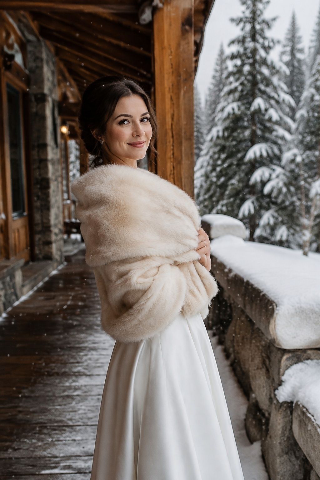 Bride wearing an intentional ivory shawl for snowy wedding portraits