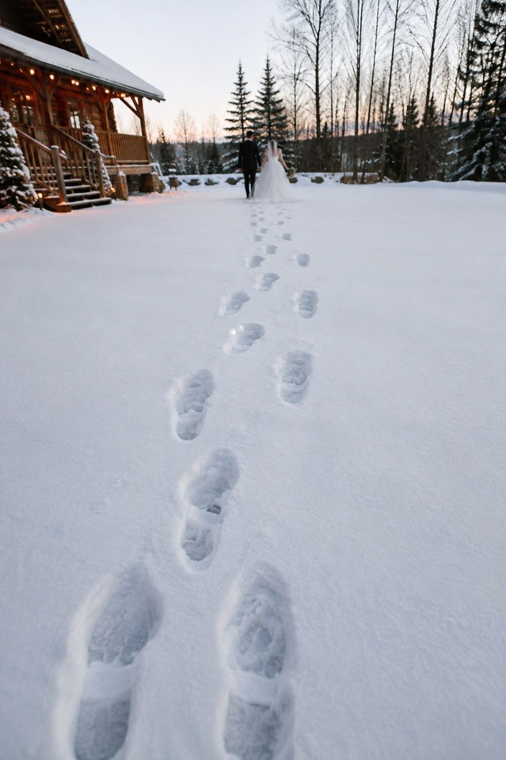 Paired footprints leading from a snowy wedding venue toward newlyweds