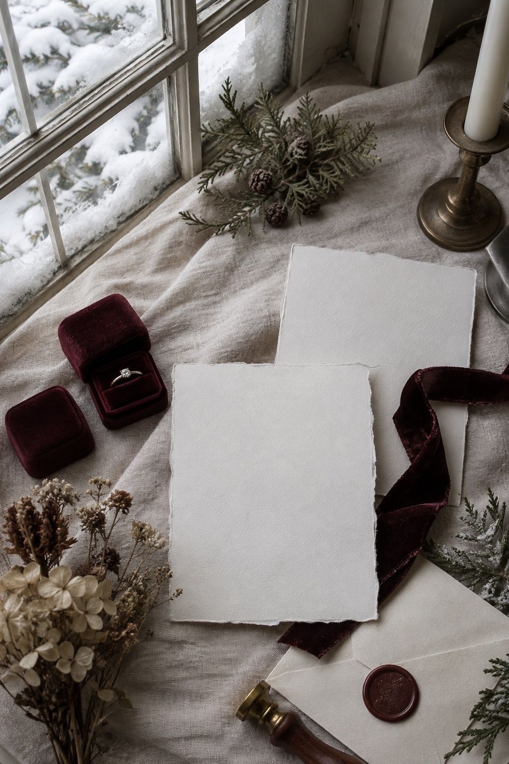 Winter wedding invitation flat lay with velvet ribbon evergreen and dried flowers