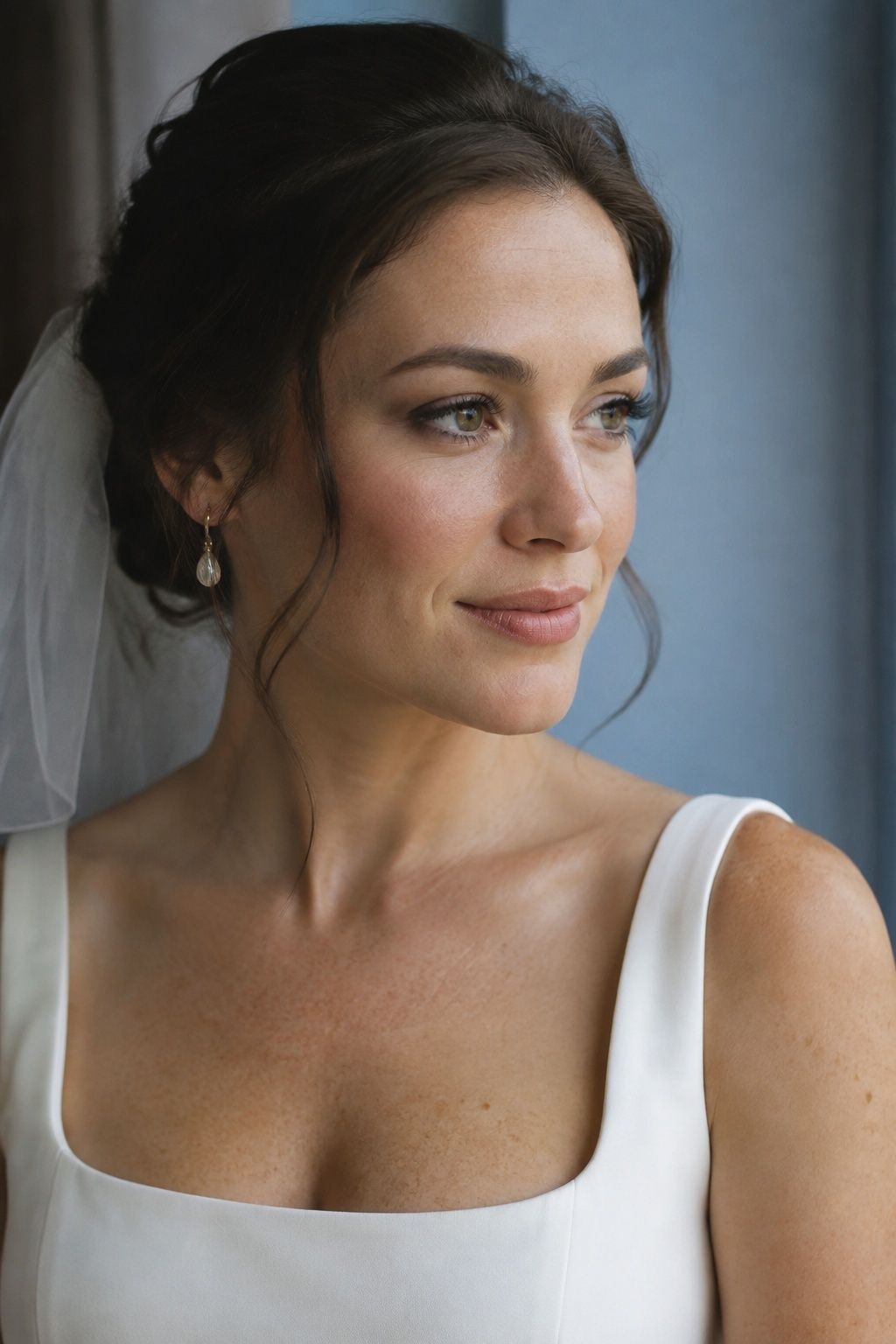 Bride with dewy skin with a soft nude lip