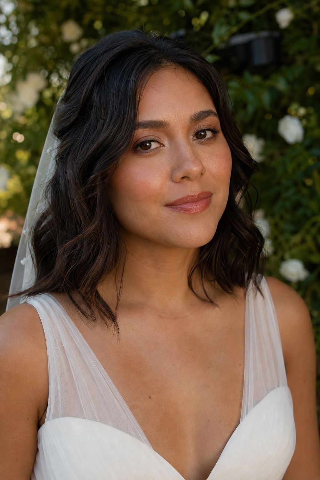 Bride with peachy glow for warm outdoor ceremonies