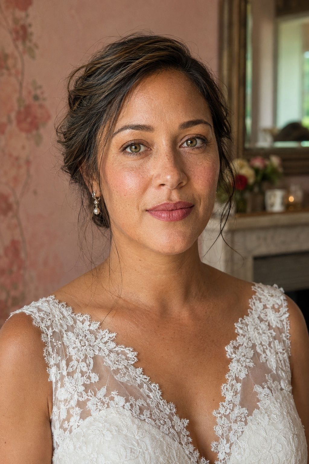 Bride with dusty rose lips with softly flushed cheeks