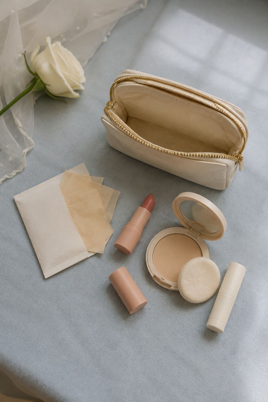 Bridal touch-up kit with blotting papers, lipstick, powder and puff